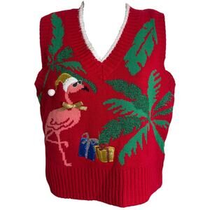Major Label XS Red Christmas Flamingo Palm Tree Sweater Vest Holdiay Ugly EUC